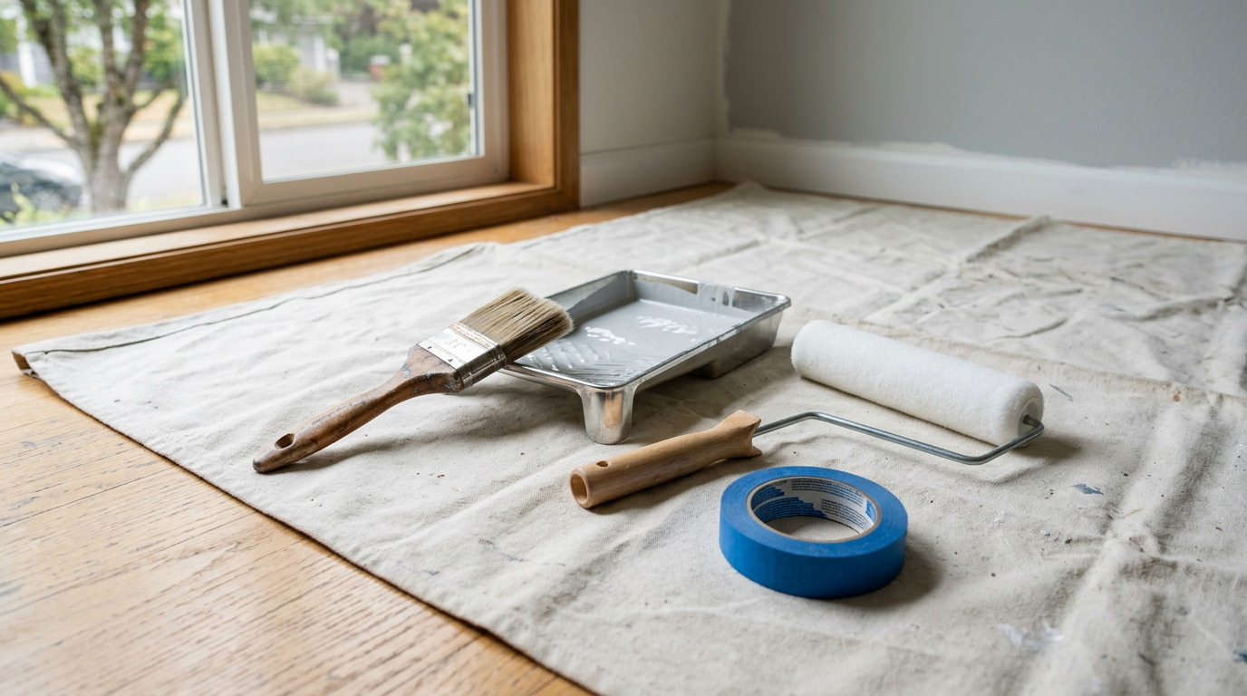 Professional painting tools including a brush, roller, and tape, ready for an interior painting project in a Lynnwood home.