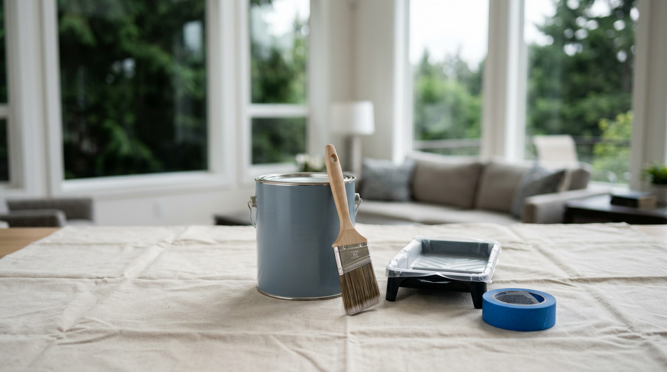 Painter's tools neatly arranged on a drop cloth before starting an interior painting project in a Mercer Island home.