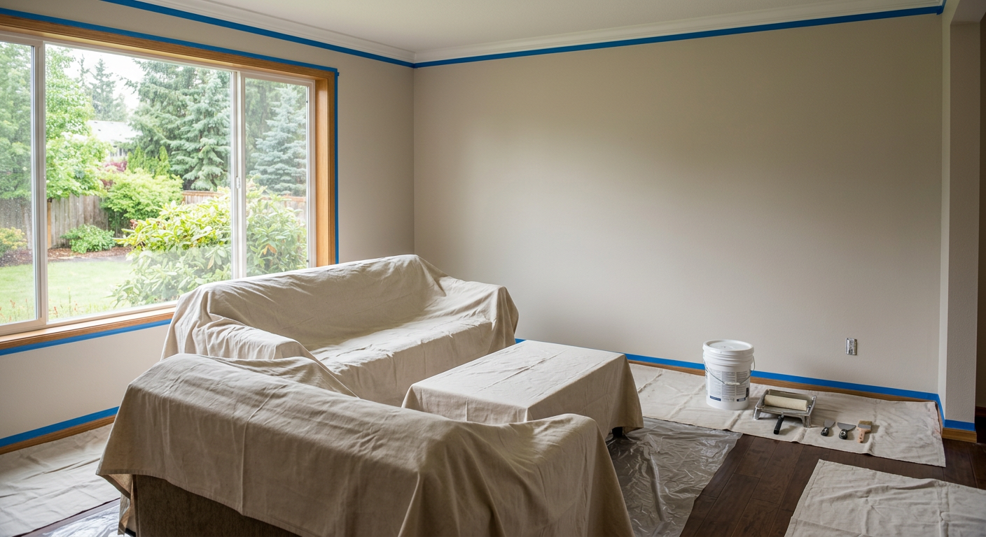 A living room in Redmond WA, neatly prepped for a professional interior painting job with drop cloths and painter's tape.