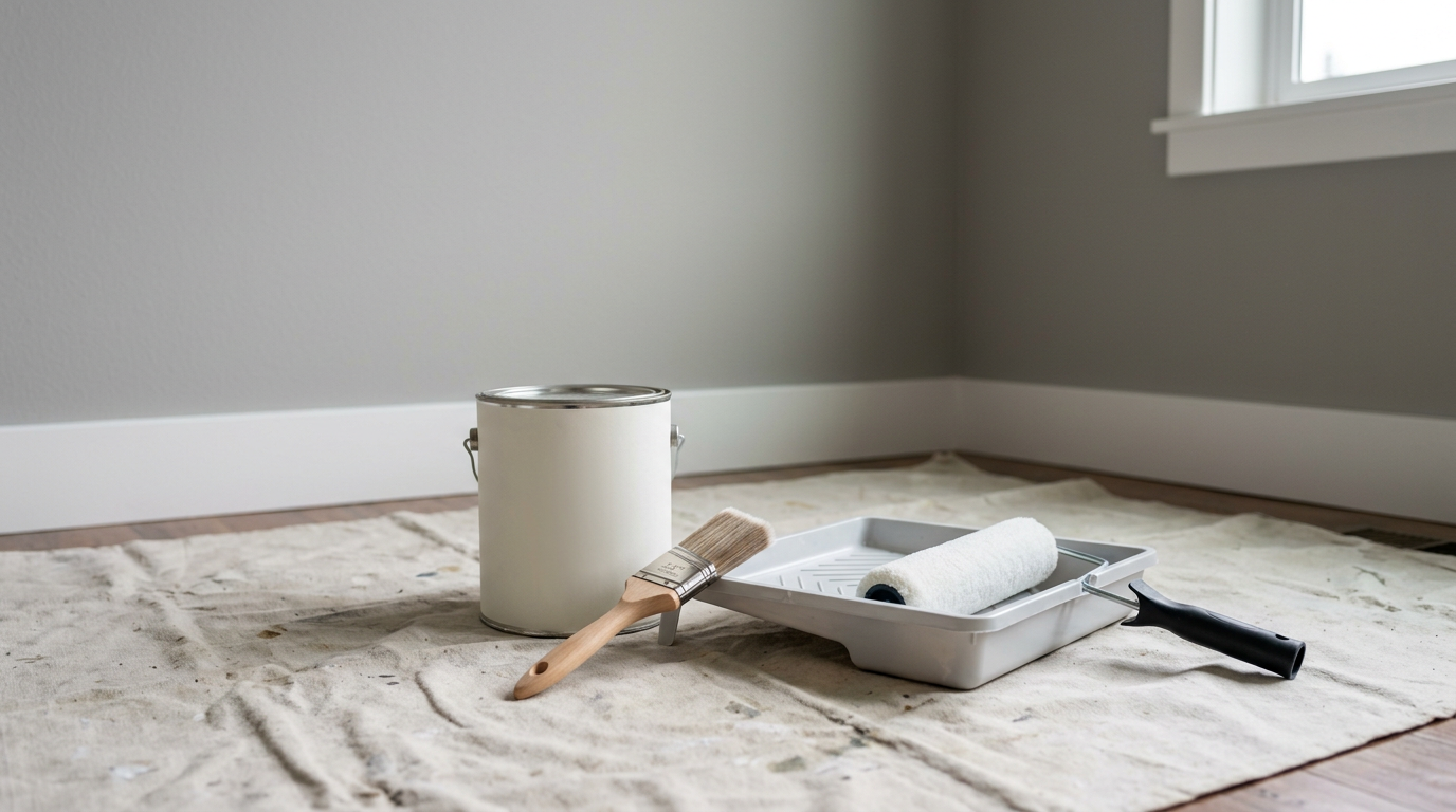 A freshly painted wall with painter's tools ready for an interior painting project in Shoreline, WA.