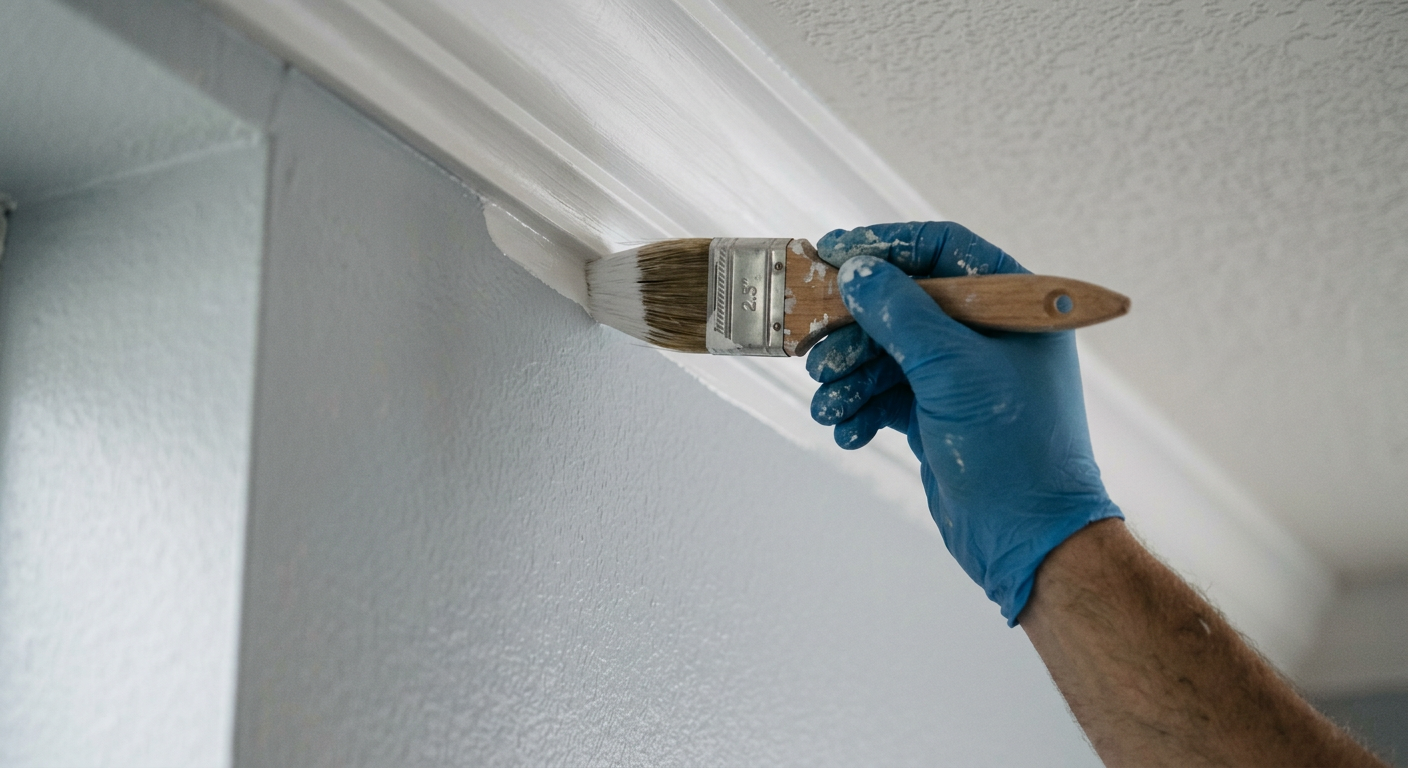 A close-up of a professional cutting in a perfect paint line on the wall of a home in Clyde Hill, WA.