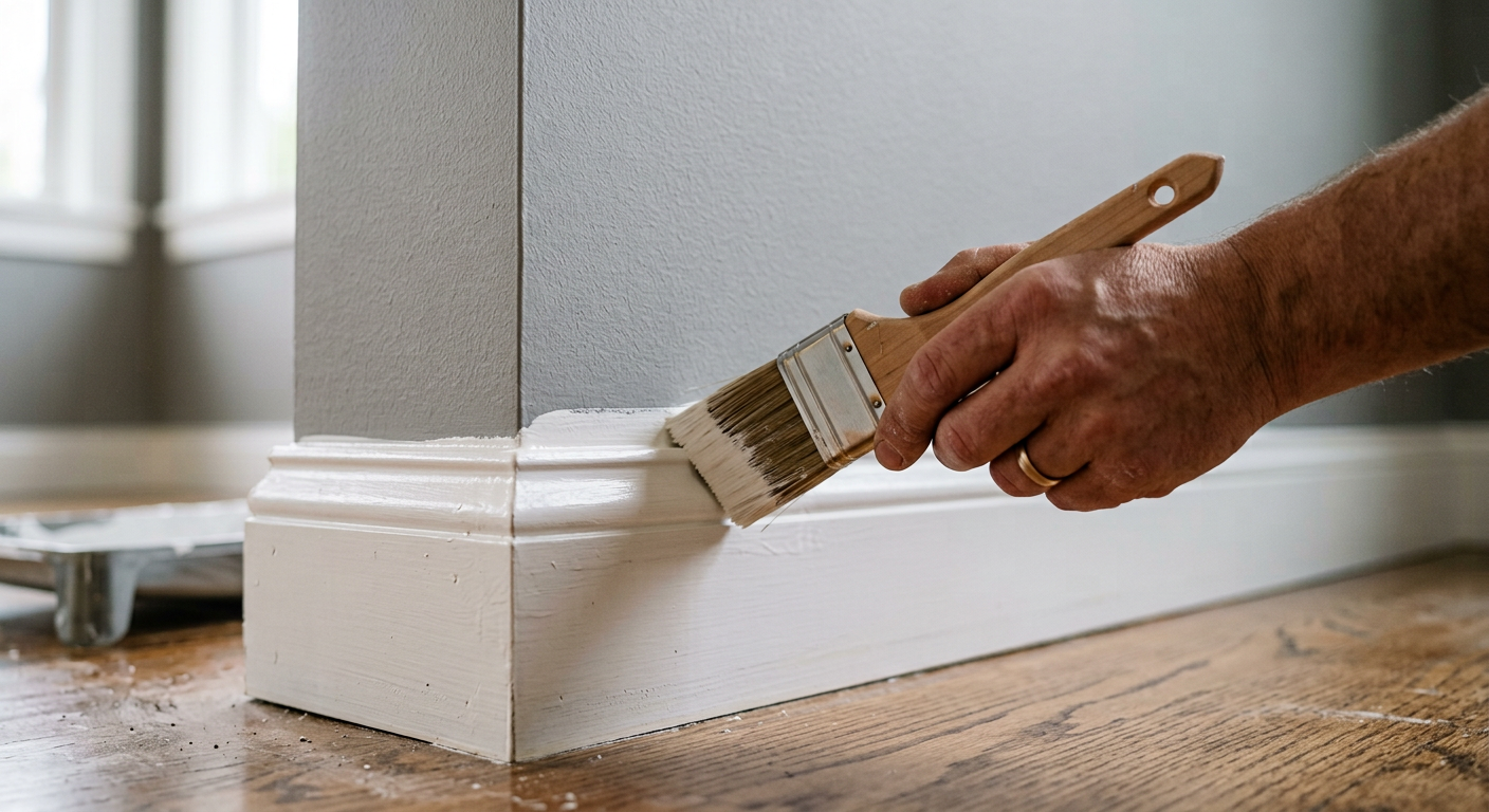 A professional painter's hand carefully cutting in the edge of a wall during an interior painting project in a Lynnwood home.