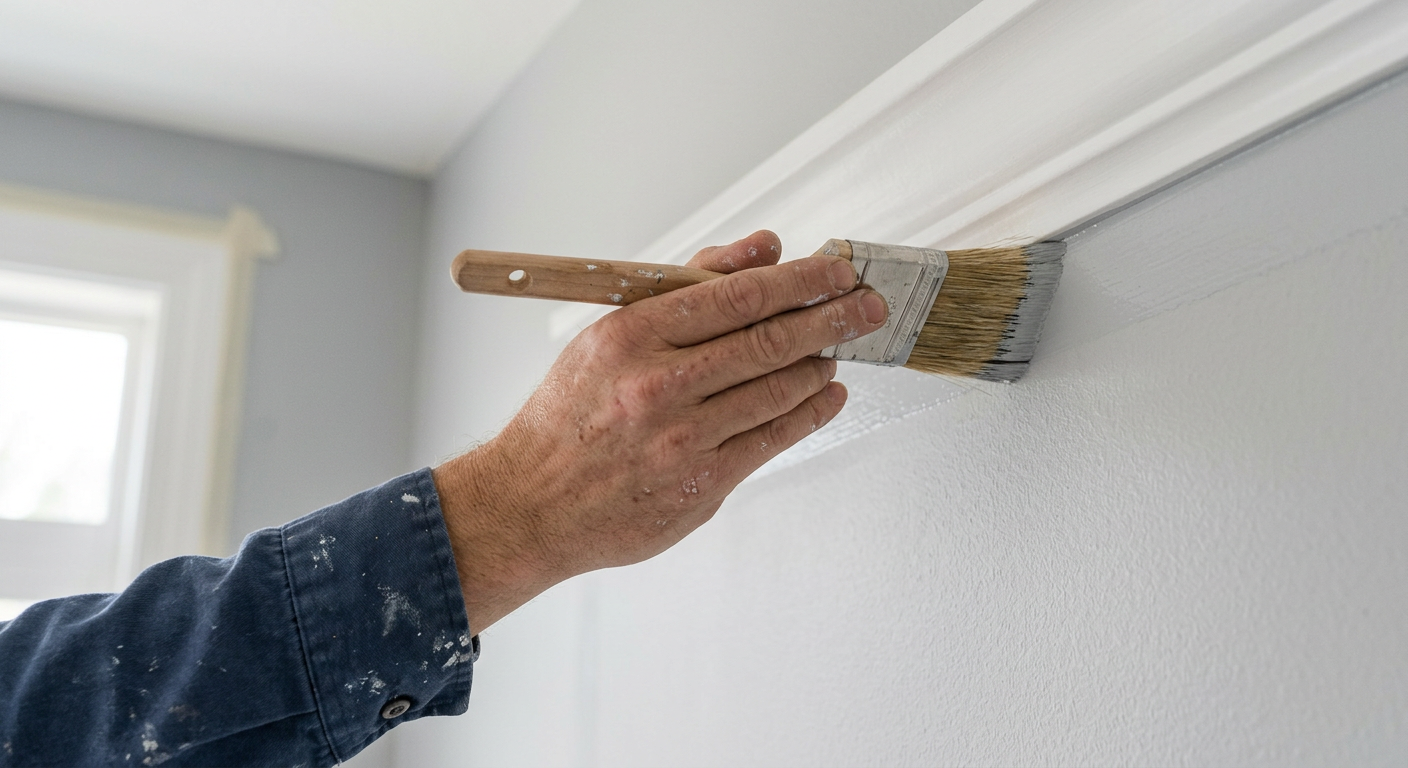 A close-up of a professional painter creating a crisp line on the interior of a Shoreline home.