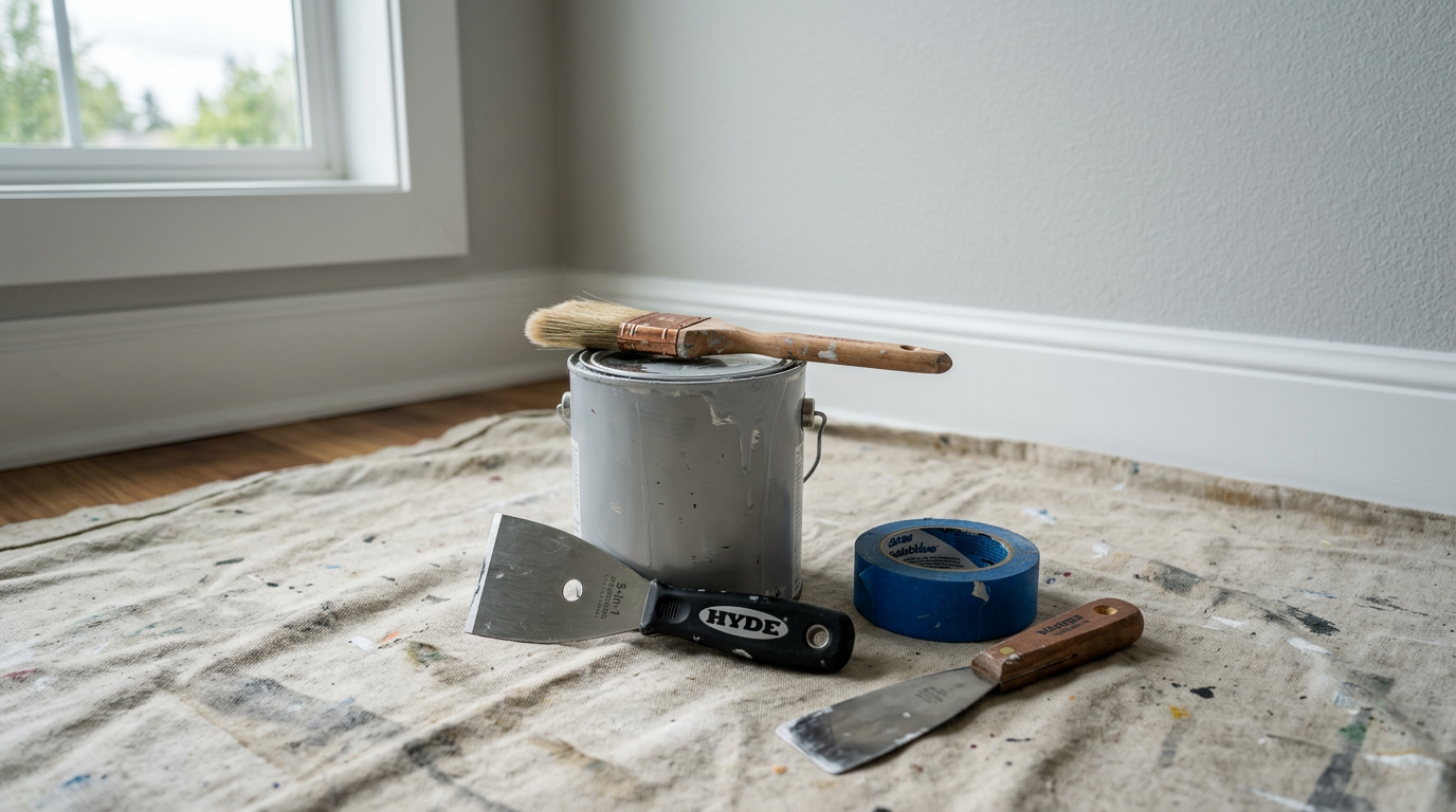 Professional painting tools on a drop cloth in a Shoreline home, ready for an interior painting project.