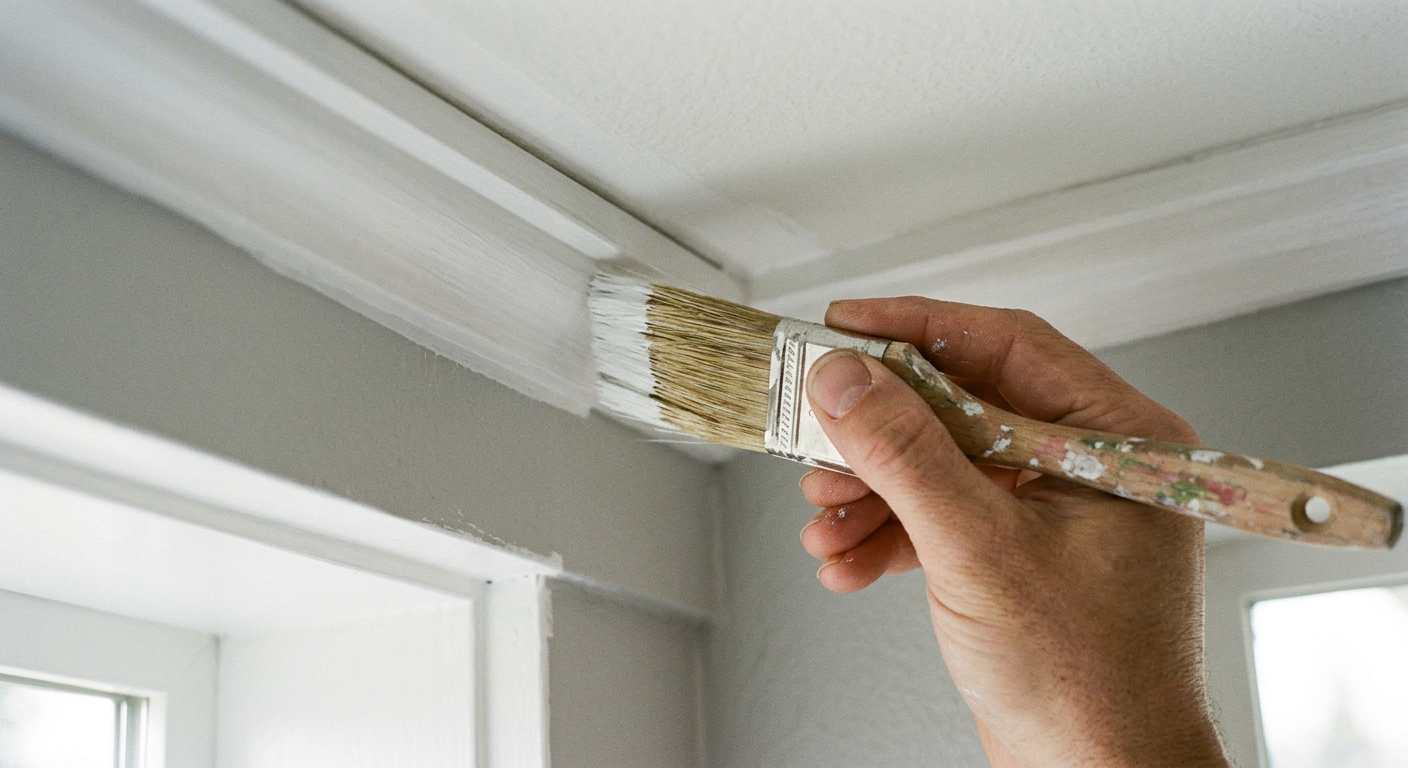 A close-up of a perfectly straight paint line being cut in on an interior wall in a Yarrow Point, WA home.