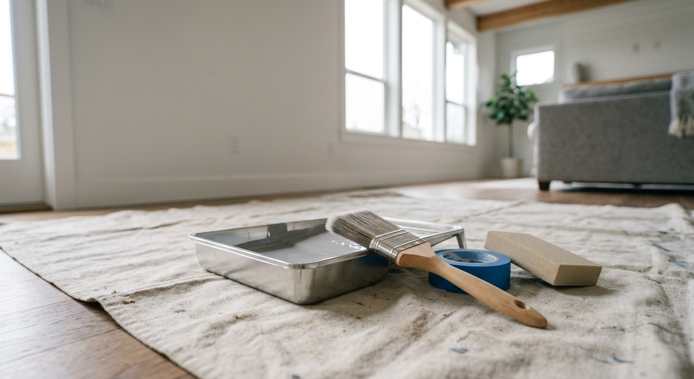 Professional painting tools laid out on a drop cloth in a Yarrow Point home, ready for an interior painting project.