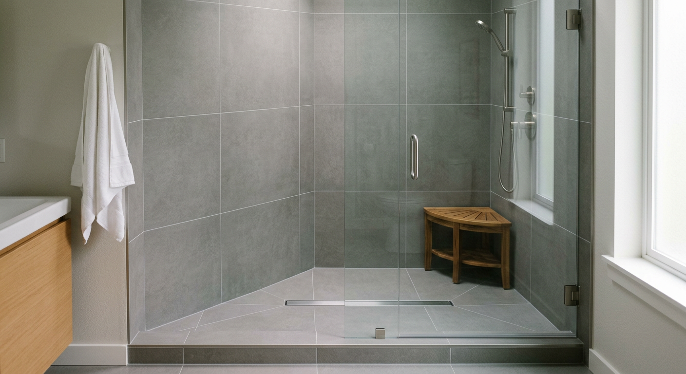 Clean, modern tub-to-shower conversion in an Issaquah, WA home, featuring gray tile and a glass door.