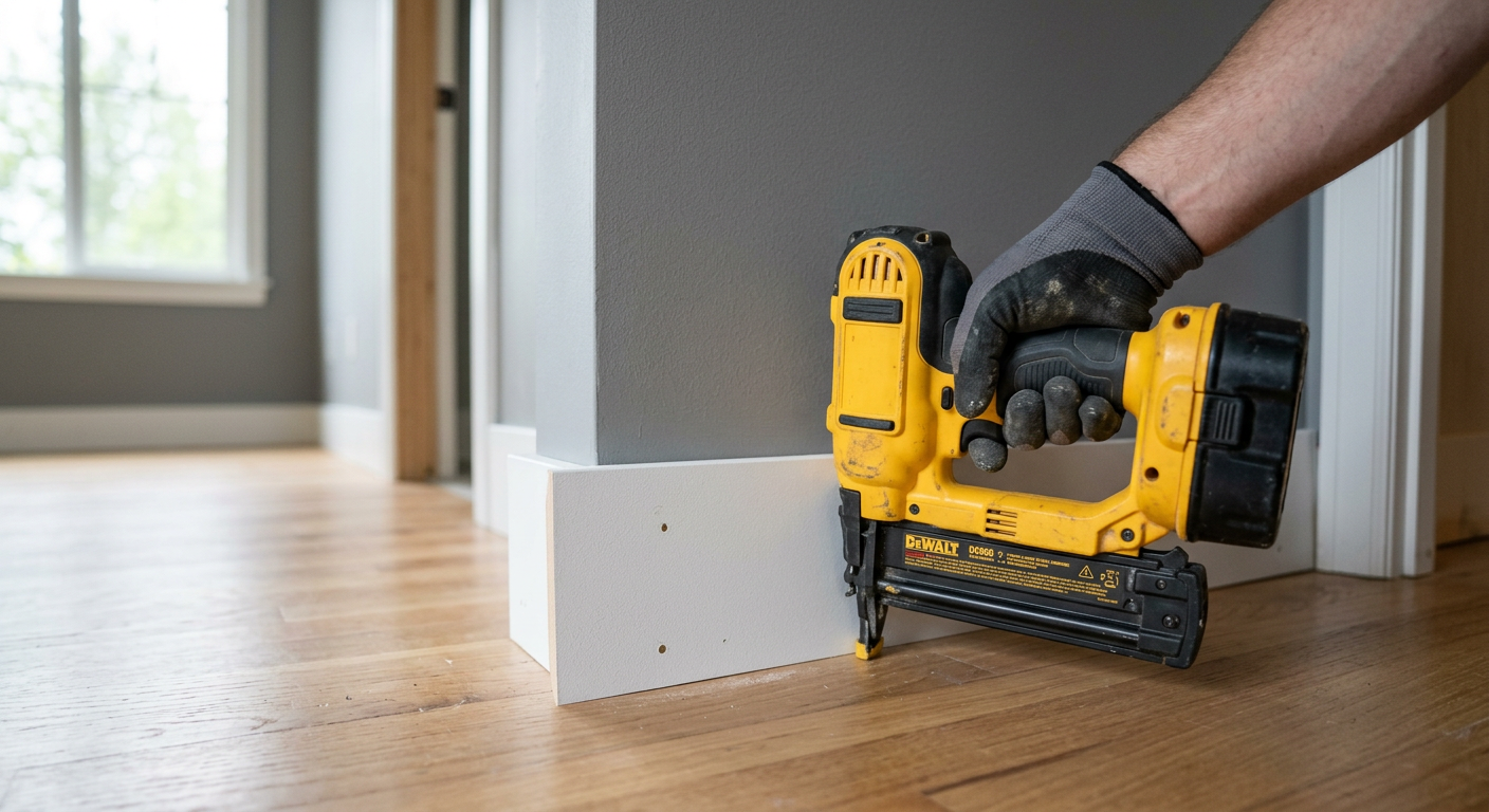 A House Spouse handyman installing new white baseboard trim in an Issaquah home.