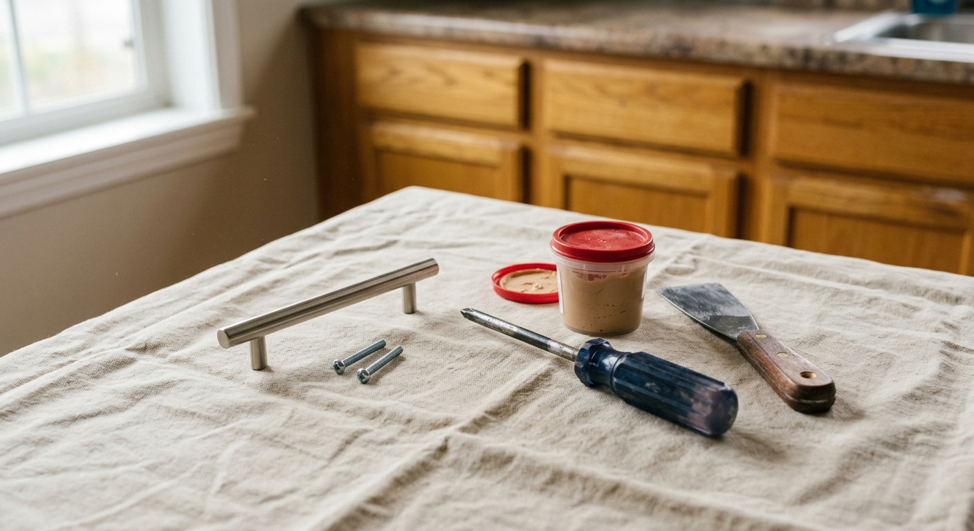 Tools for a cabinet refresh, including a new handle and screwdriver, laid out in a Kenmore kitchen.