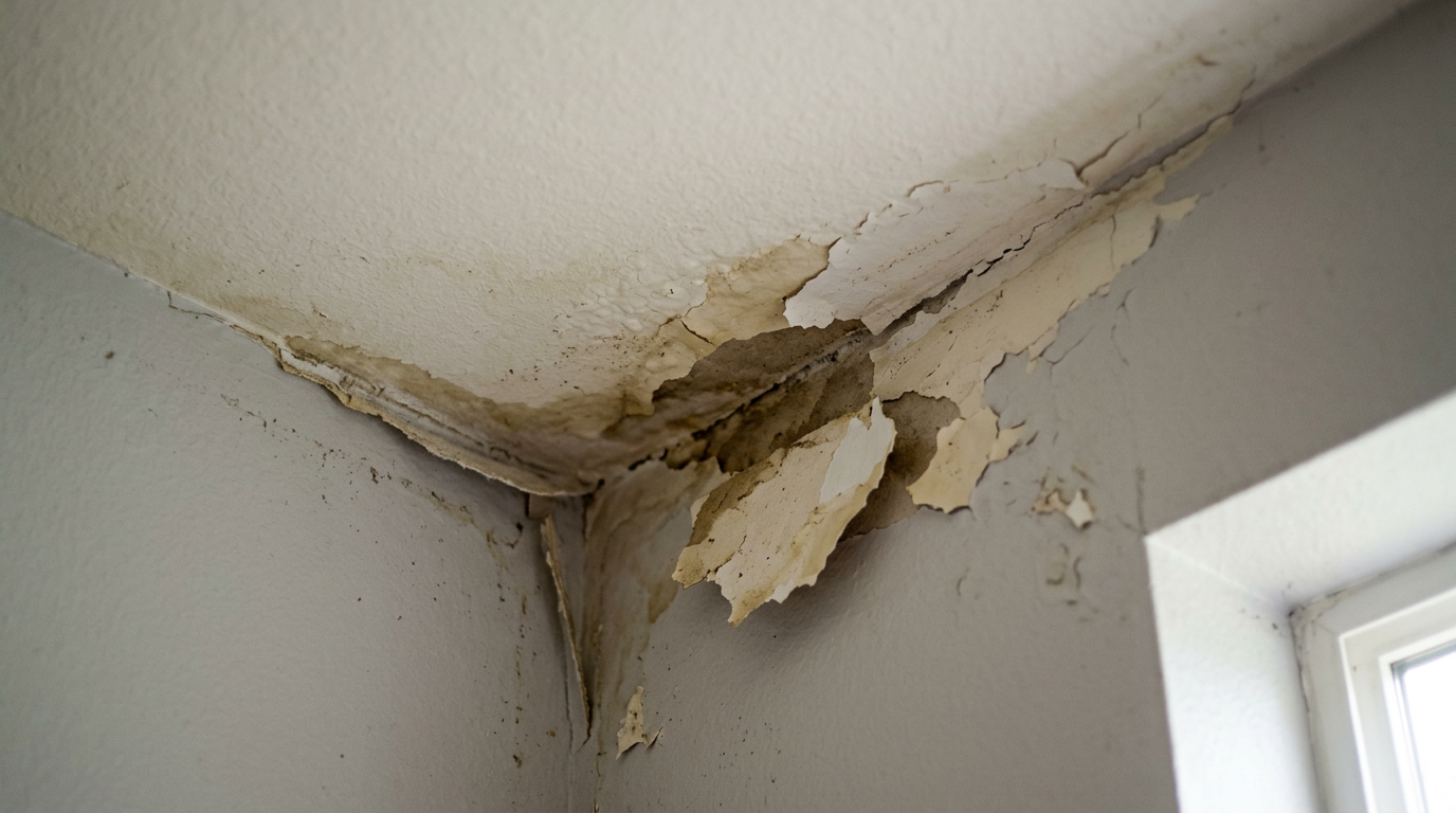 Close-up of a ceiling with water stains and peeling paint, evidence of a leak that requires investigation in a Kenmore home.