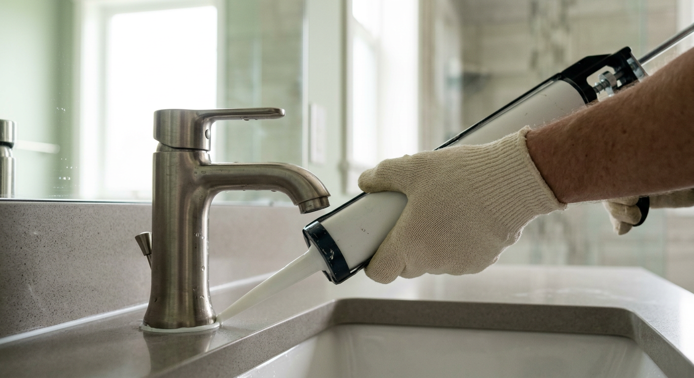 A handyman applying fresh caulk around a new faucet as part of pre-sale home prep for a Kenmore property.