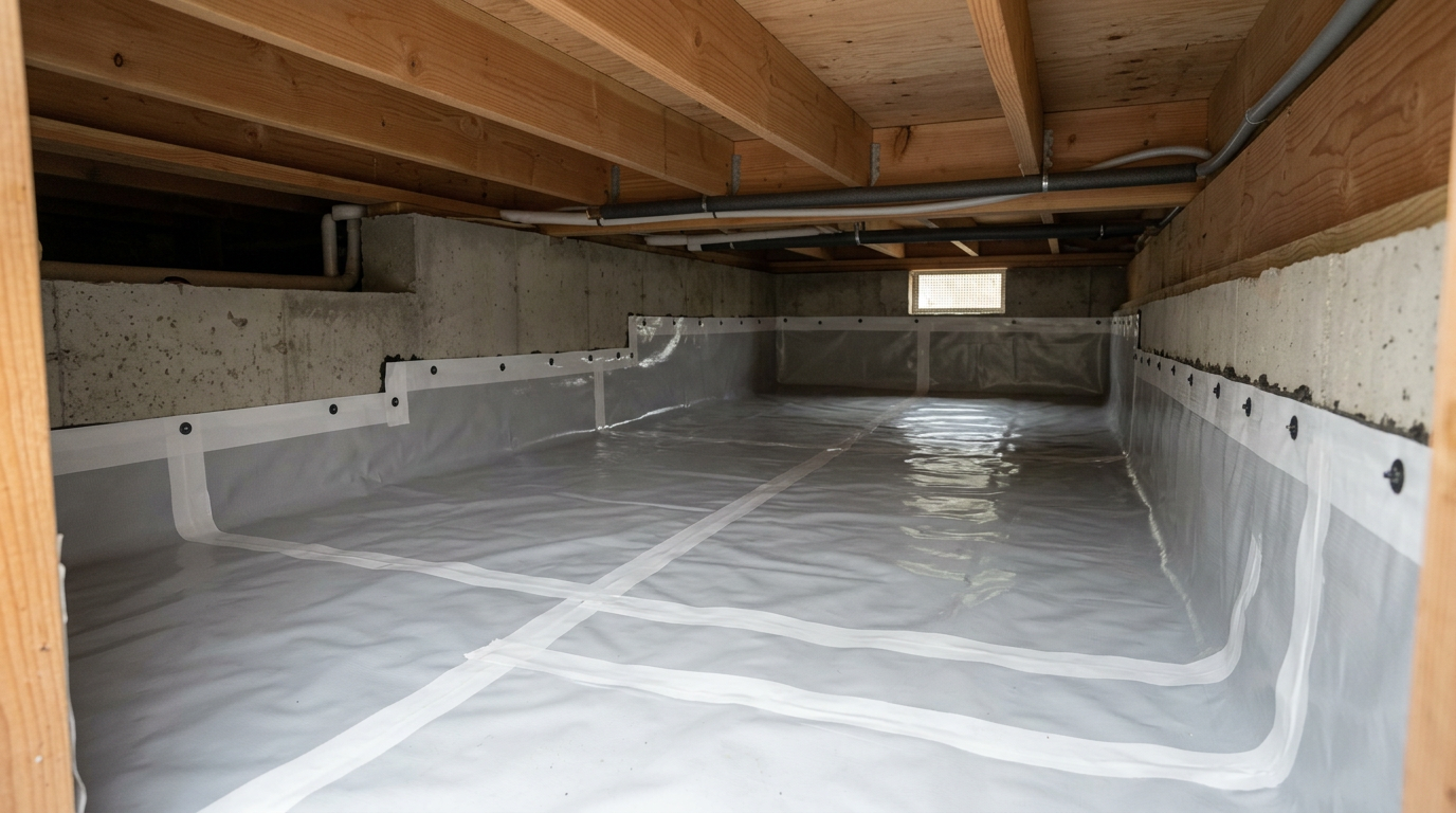 A clean and dry crawlspace in a Kenmore home after a professional assessment and vapor barrier installation.
