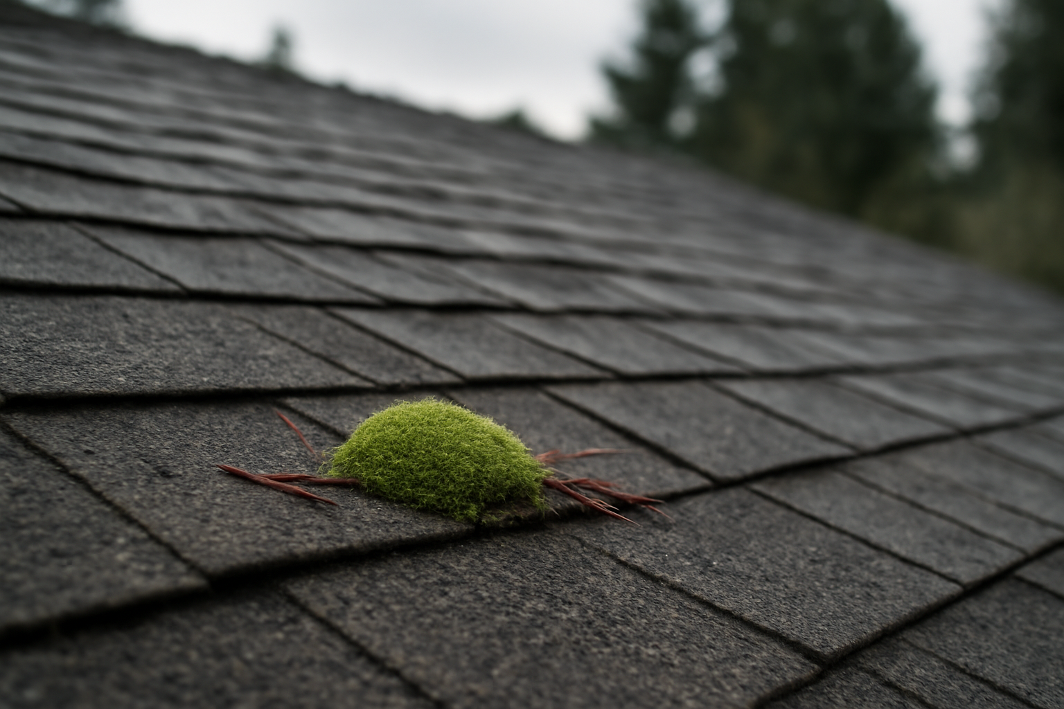 A close-up of moss and fir needles on composition shingles, a common issue needing a roof assessment in Kenmore, WA.