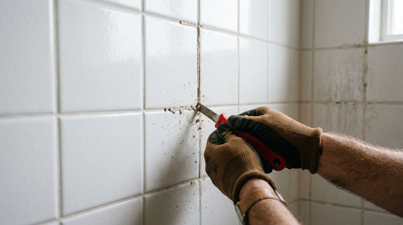 A professional carefully performing tile and grout repair on a shower wall in a Kenmore, WA home.