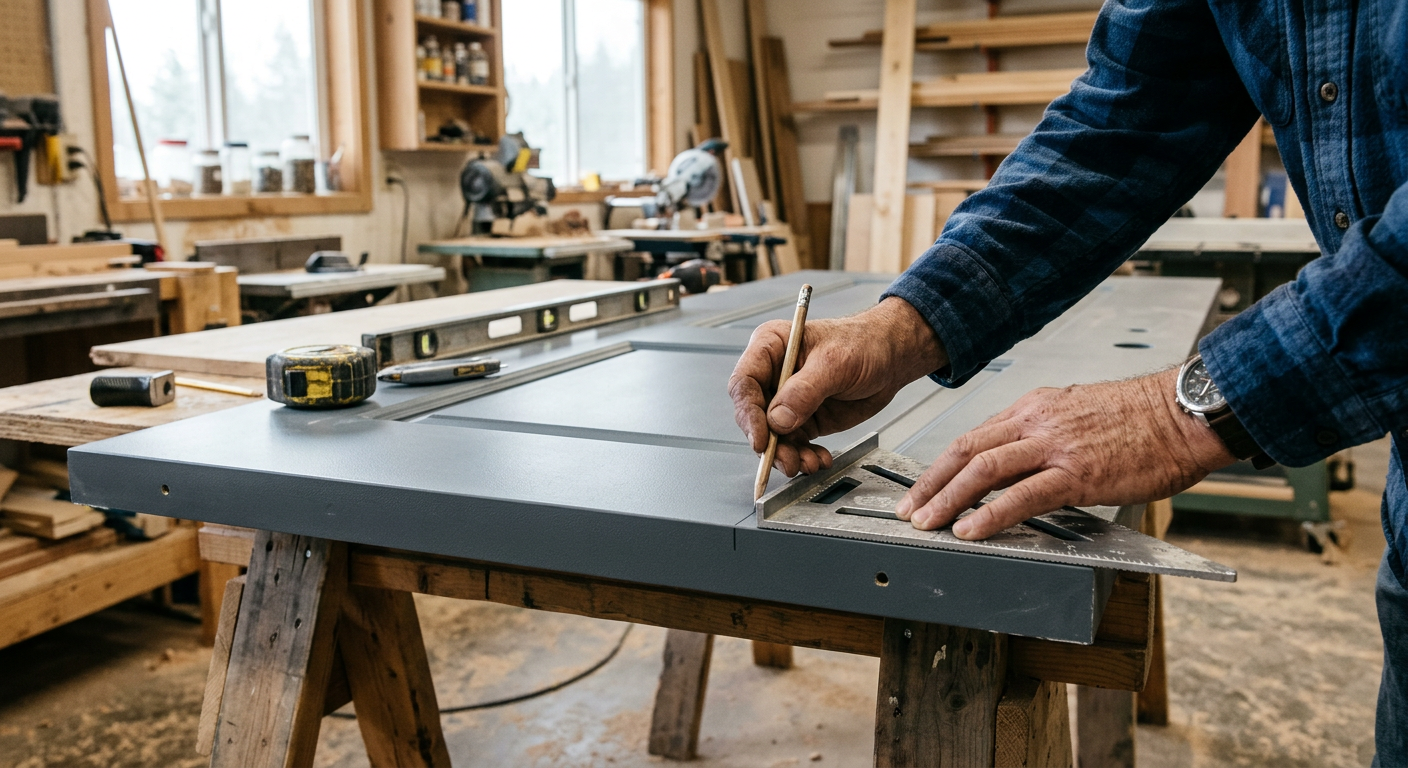 Craftsman preparing a new exterior door for installation in a Kirkland home.