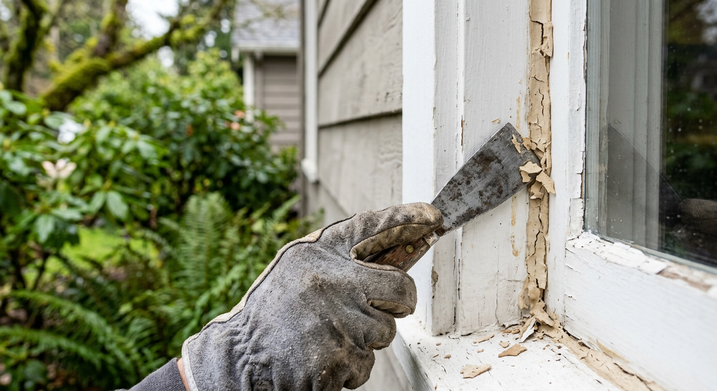 A House Spouse technician performs exterior home maintenance on a window in Kirkland, WA.