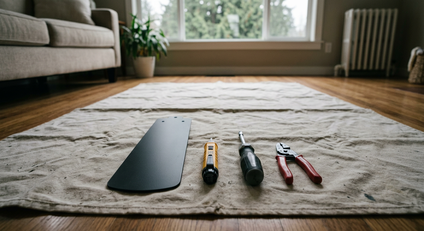 Tools for a lighting fixture install, including a voltage tester and screwdriver, laid out on a drop cloth in a Kirkland, WA home.