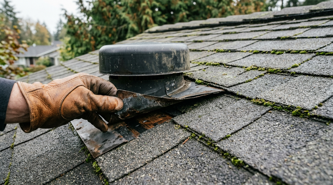 Close-up of mossy architectural shingles during a roof assessment in Kirkland, Washington.