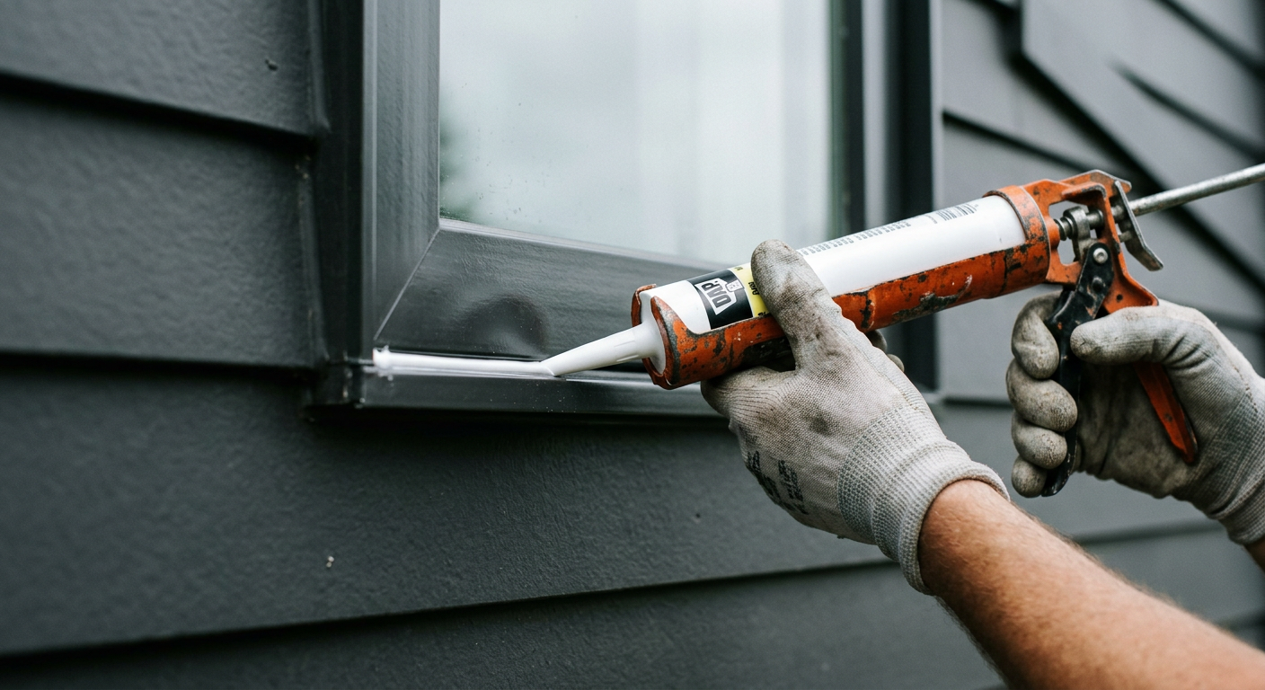 Applying a bead of exterior sealant to a window frame on a home in Kirkland, WA.