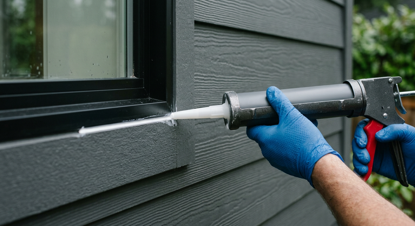 A professional applying a clean bead of exterior sealant to a window frame on a home in Kirkland, WA.
