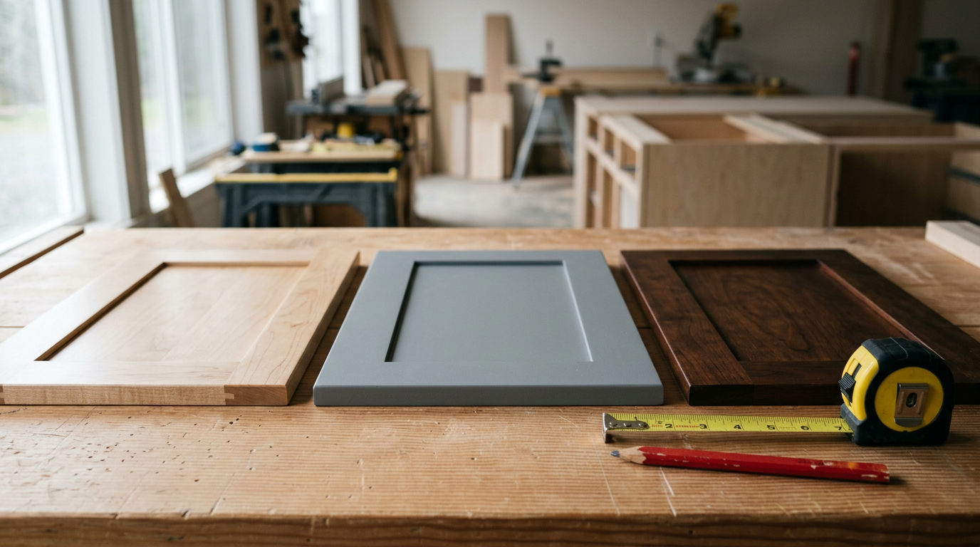 Kitchen cabinet samples and a tape measure on a workbench, part of planning a kitchen remodel in Magnolia, WA.