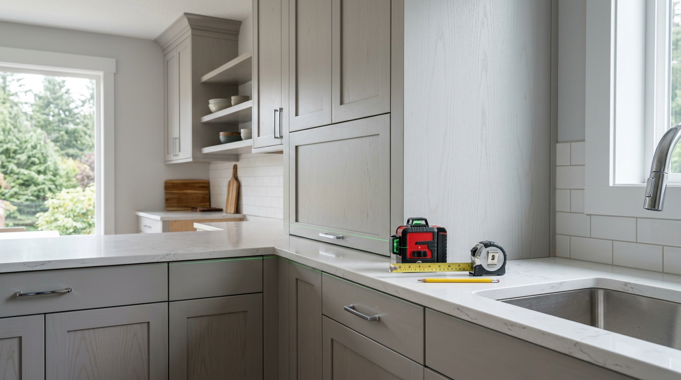 Clean view of new shaker cabinets and quartz countertops during a kitchen remodel in Mill Creek, WA.