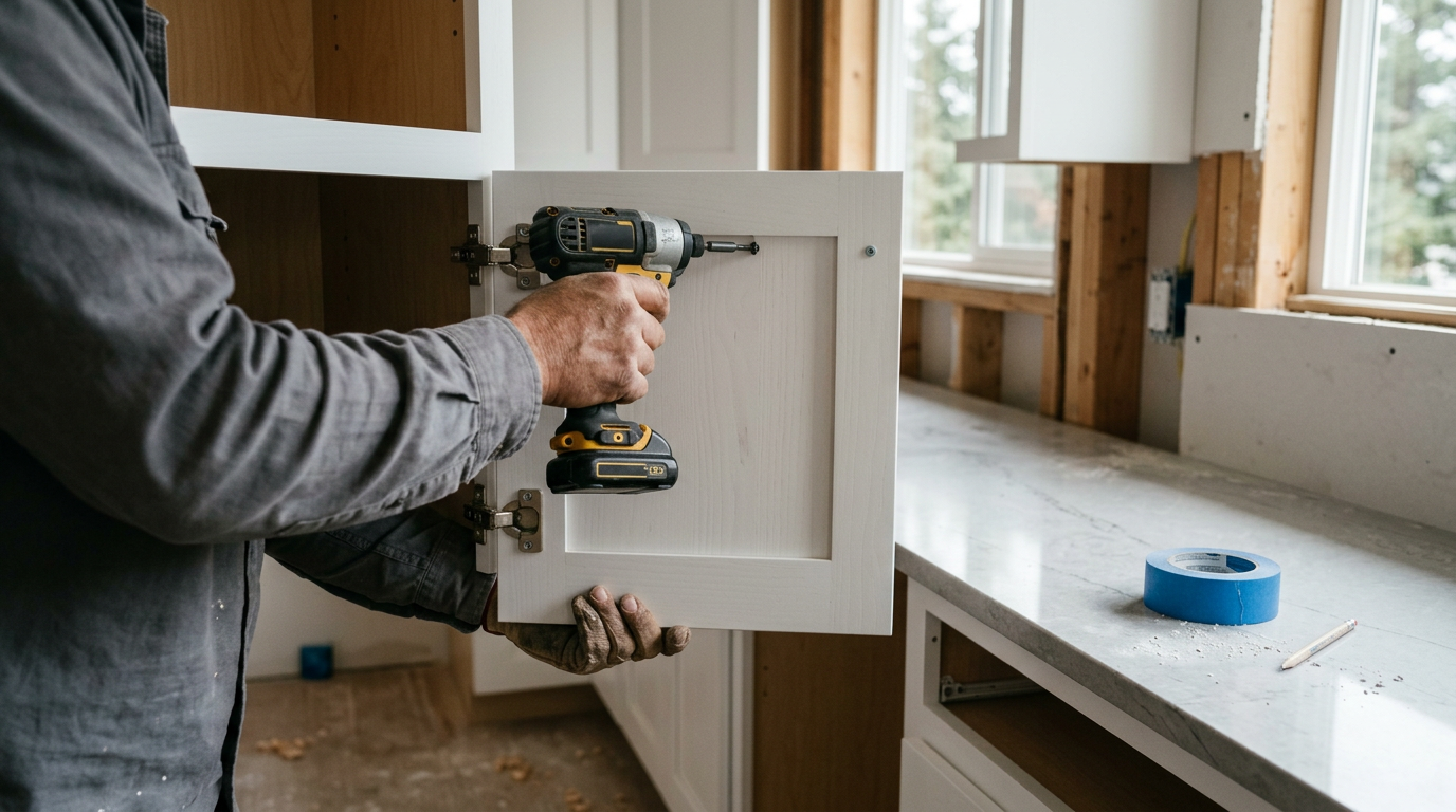 Installing new white shaker cabinets during a kitchen remodel in a Mill Creek home.