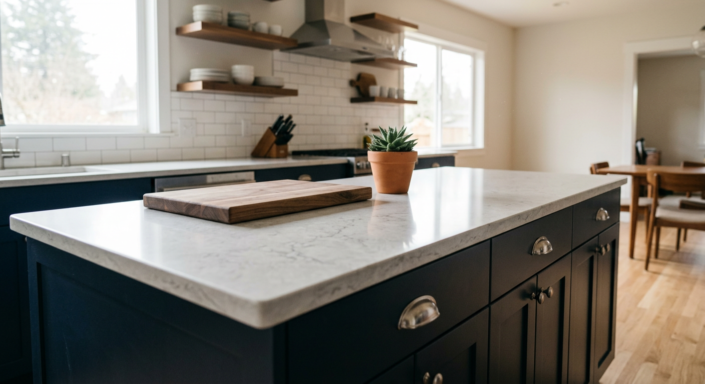 A close-up of a new quartz countertop on a kitchen island after a kitchen remodel in Edmonds, WA.