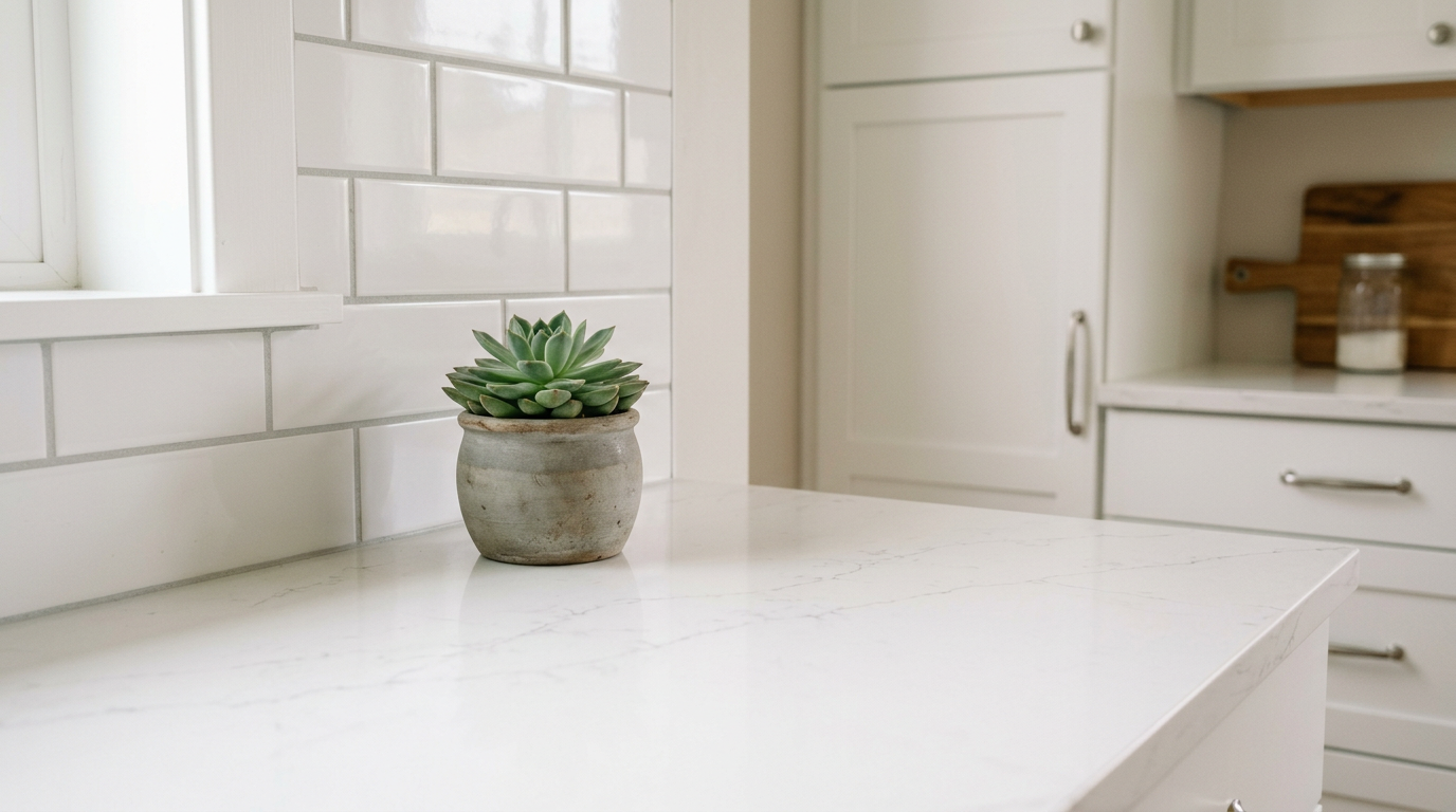 Close-up of a new quartz countertop in a remodeled Edmonds, WA kitchen.