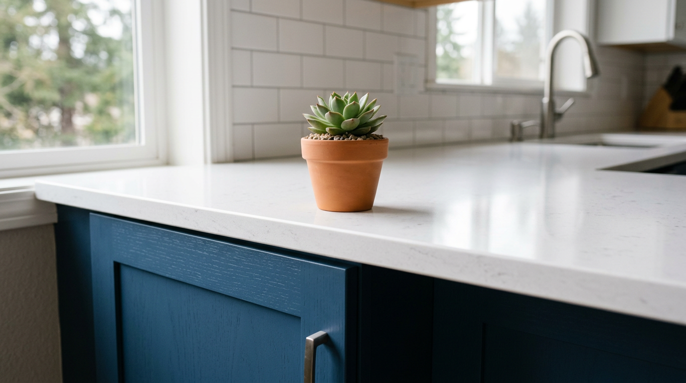 Close-up of a new white quartz countertop and blue cabinets in a kitchen remodeling project in Everett, WA.