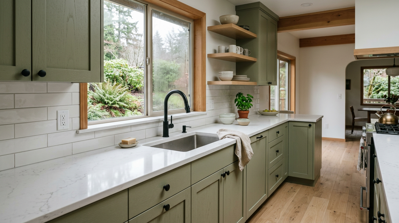 A bright, newly remodeled kitchen in Everett, WA, with sage green cabinets and white quartz countertops.