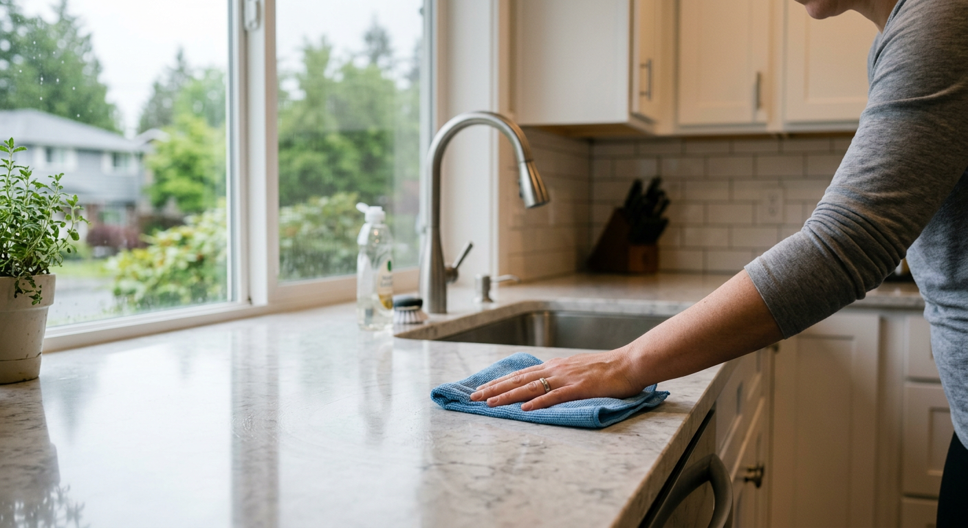 Wiping down a new quartz countertop in a freshly remodeled kitchen in Everett, WA.