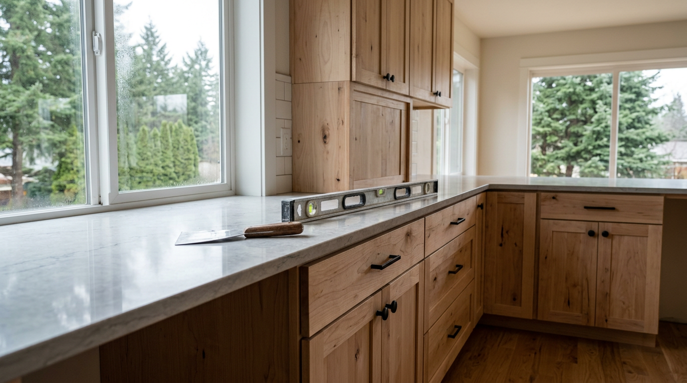 Newly installed kitchen cabinets and quartz countertop for a kitchen remodeling project in Everett, WA.