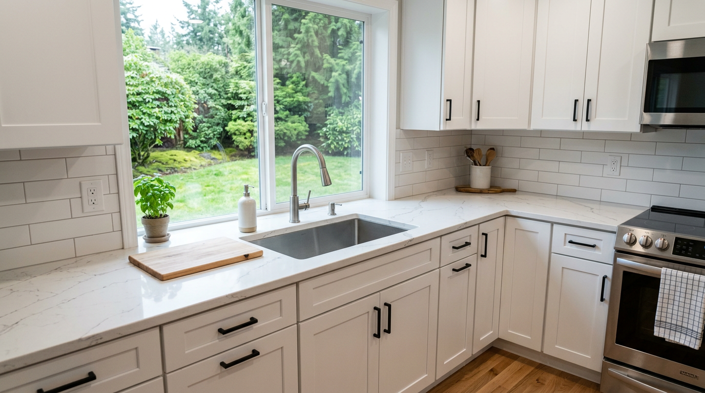 A newly remodeled kitchen in Edmonds, WA with white shaker cabinets and quartz countertops.