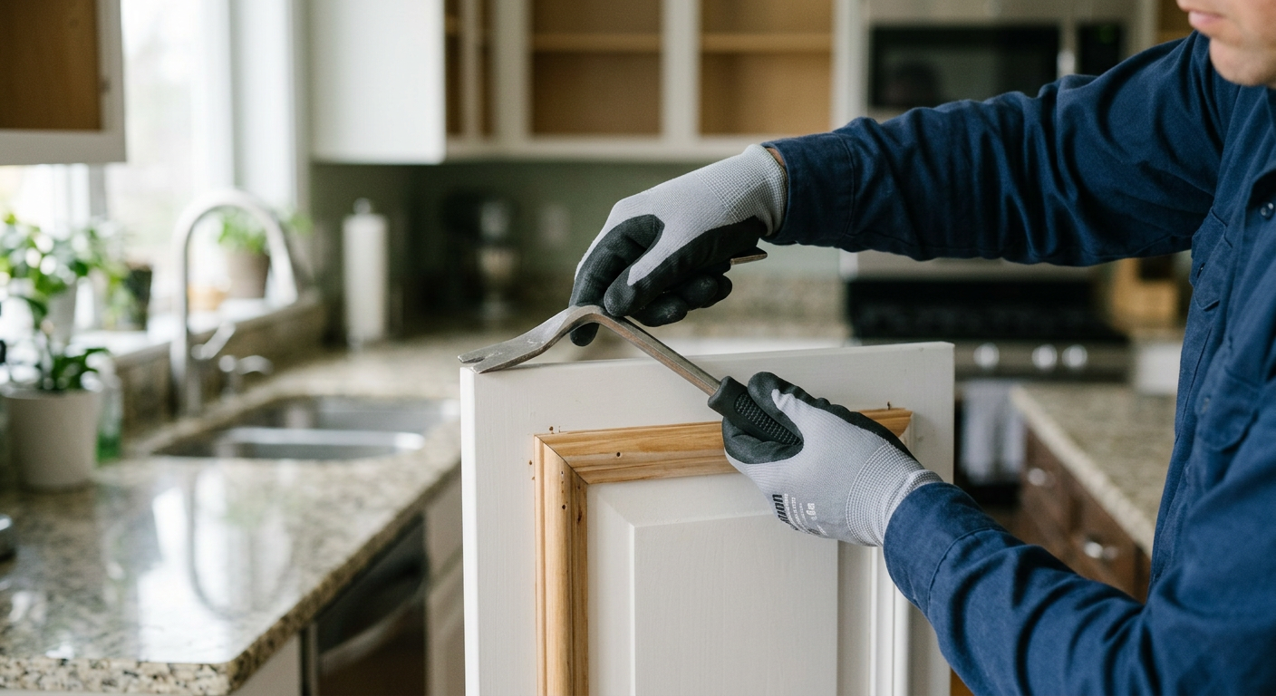 Careful removal of kitchen cabinet trim during a kitchen remodel project in Hunts Point WA.
