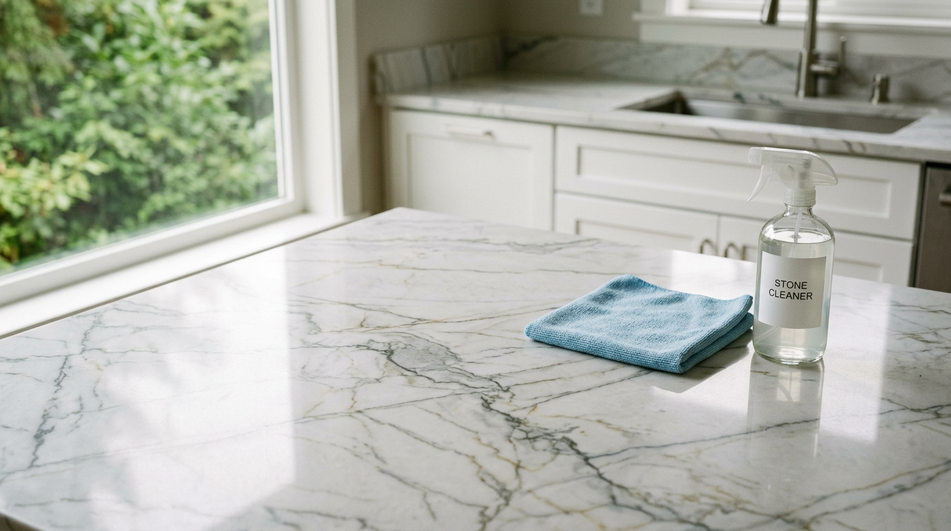 Close-up of a new quartzite countertop in a recently completed kitchen remodeling project in Hunts Point, WA.