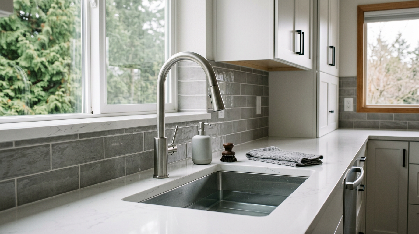 A close-up of a new quartz countertop and tile backsplash in a remodeled kitchen in Hunts Point, WA.