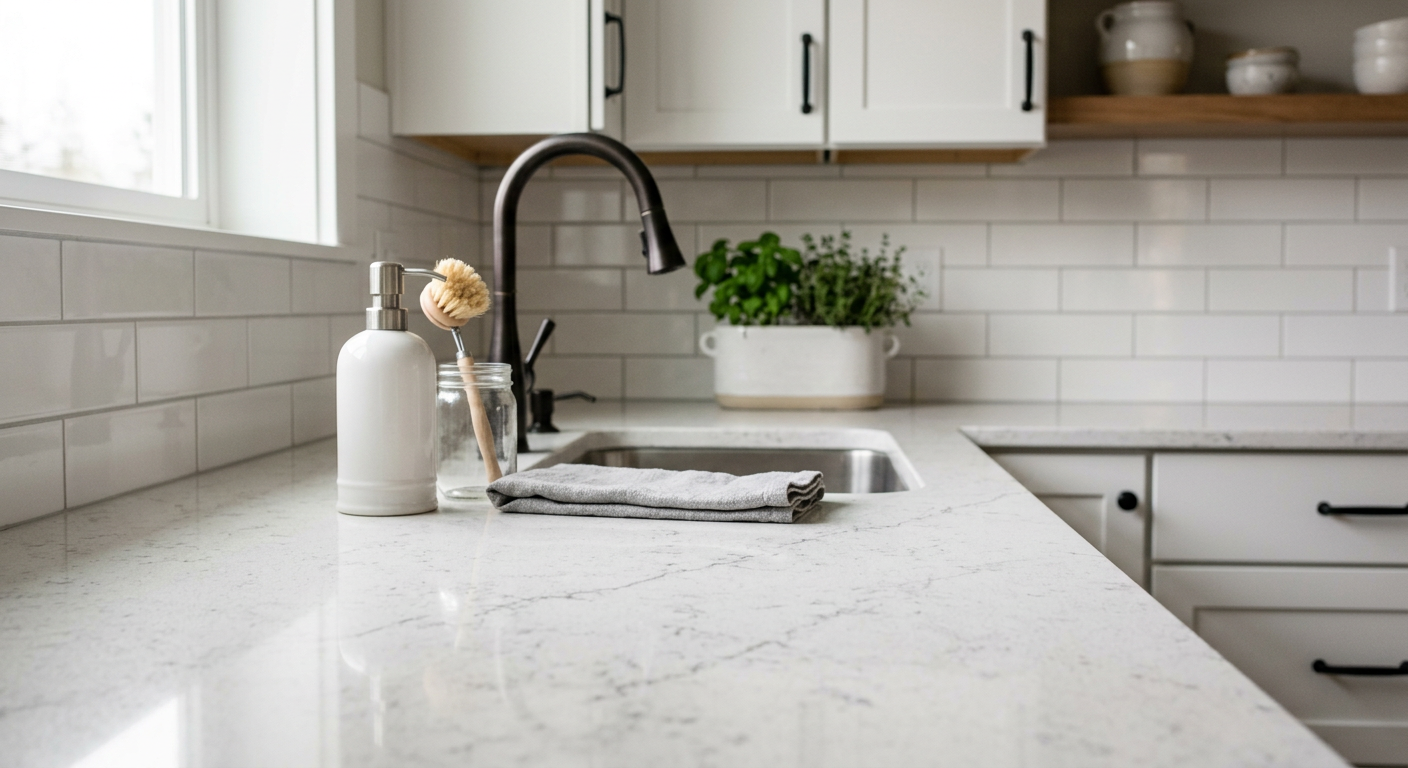 A close-up of a new quartz countertop in a recently remodeled kitchen in Magnolia, WA.