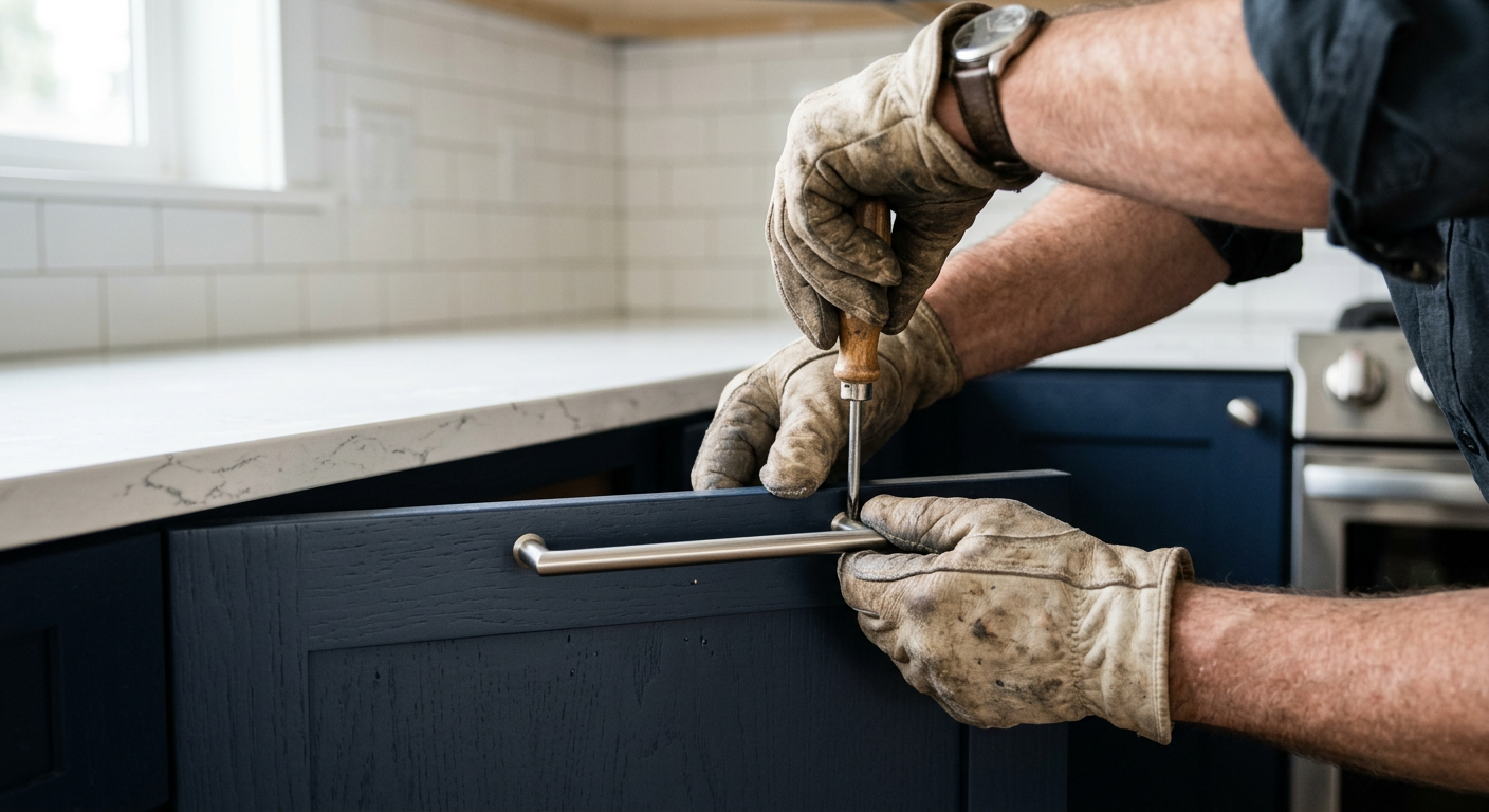 Installing new hardware on a freshly painted kitchen cabinet during a kitchen remodel in Magnolia, WA.