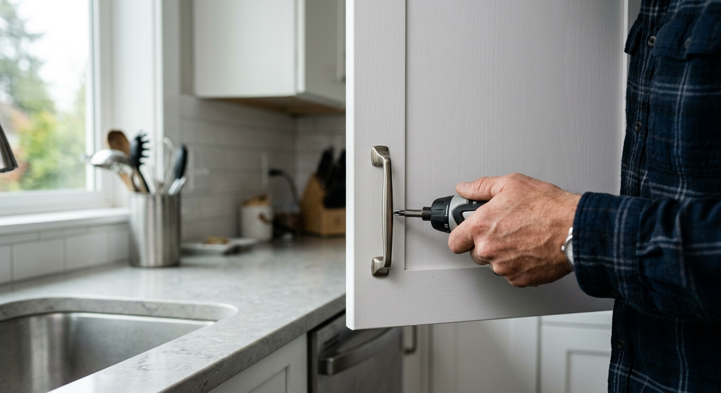 Installing new hardware on white shaker cabinets during a kitchen remodel in Magnolia, WA.