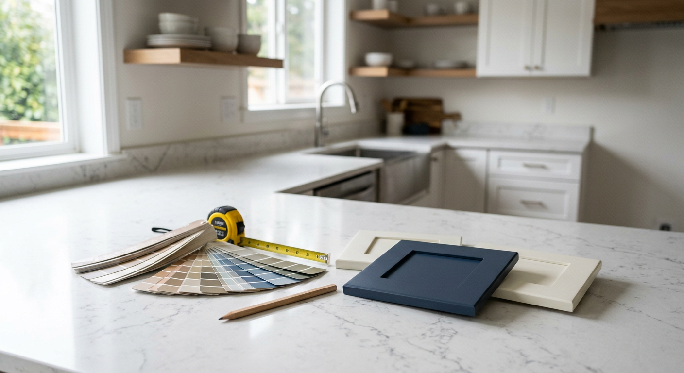 Planning materials for a kitchen remodeling project in Magnolia, WA, including cabinet samples and new quartz countertops.