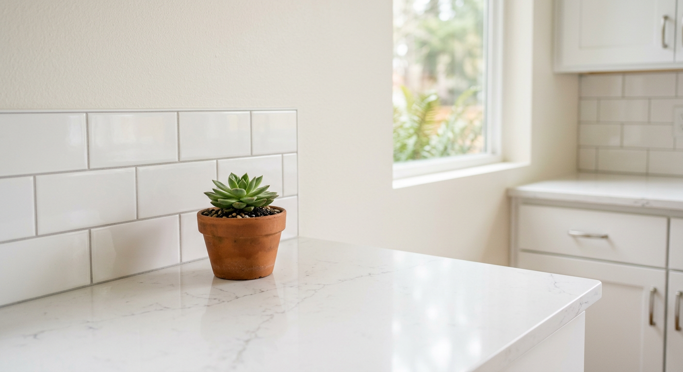 A close-up of a new quartz countertop and tile backsplash in a remodeled Mill Creek kitchen.