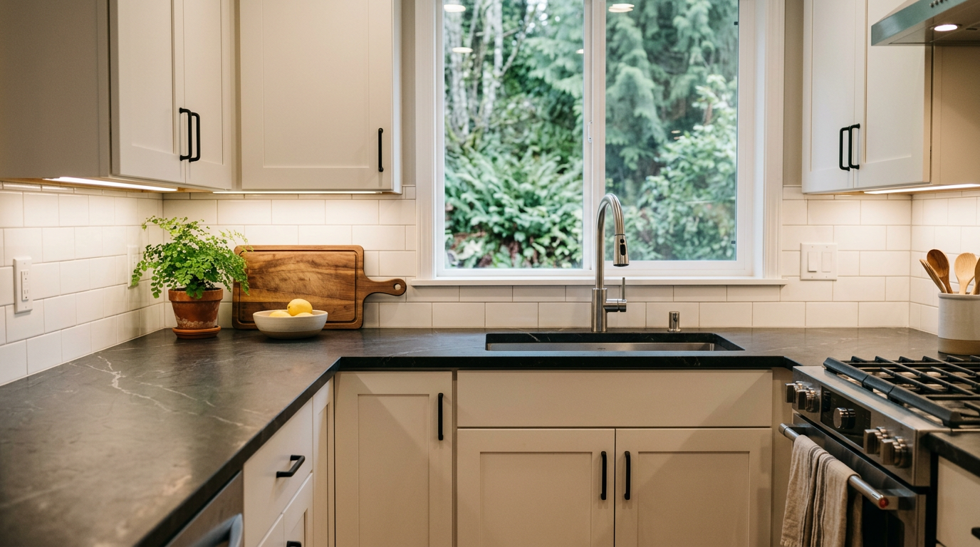 A bright, newly remodeled transitional kitchen in a Mill Creek home, featuring white shaker cabinets and dark quartz countertops.