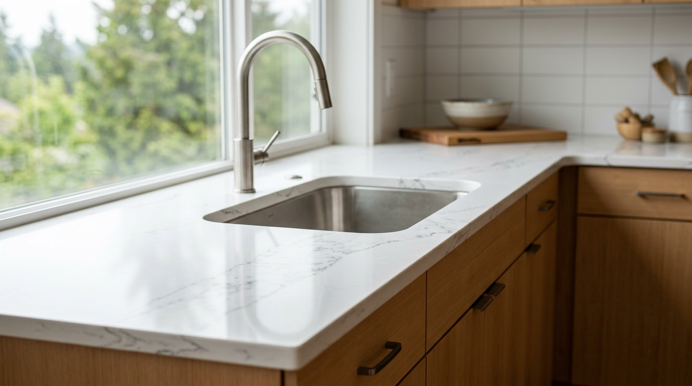 Clean new quartz countertops in a remodeled Mill Creek kitchen.