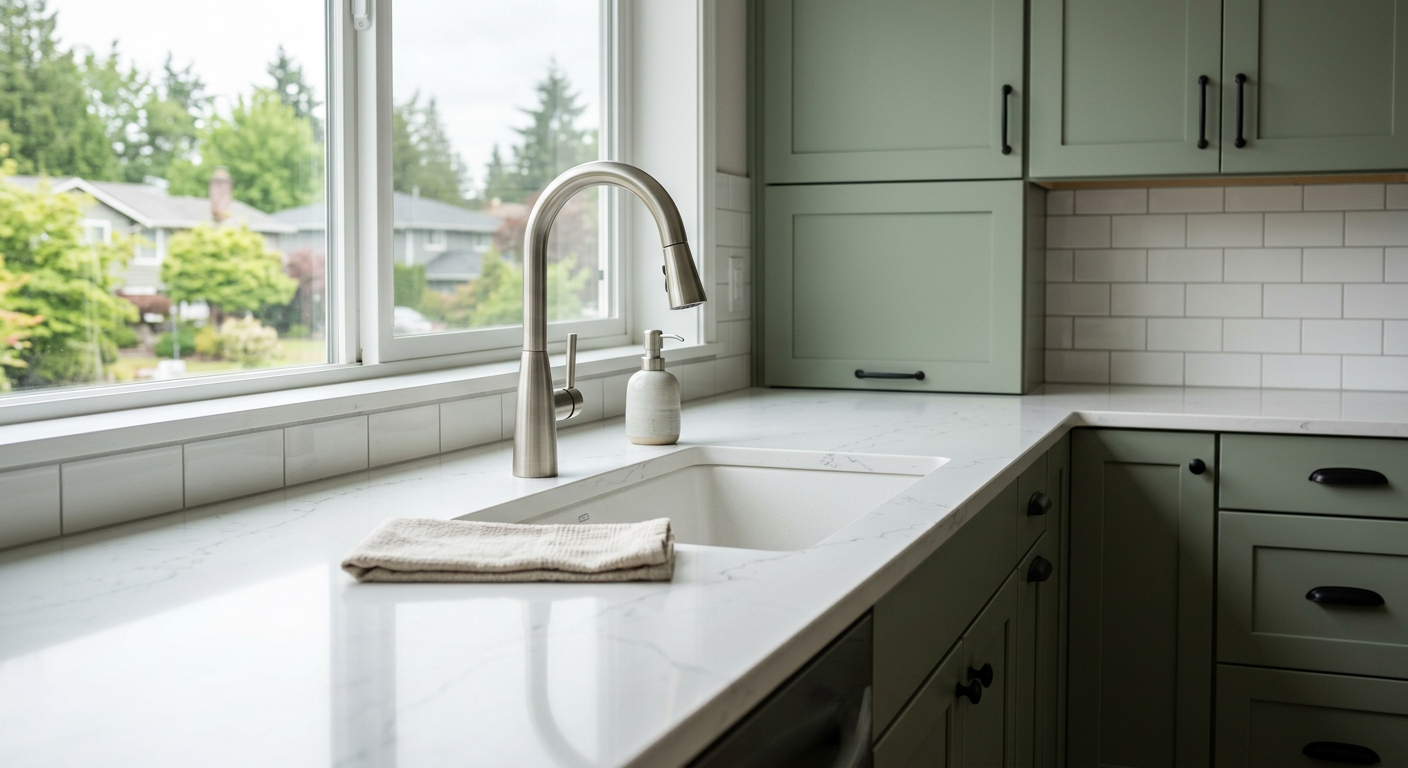 A close-up of a new white quartz countertop and modern cabinets in a newly remodeled kitchen in Newcastle, WA.