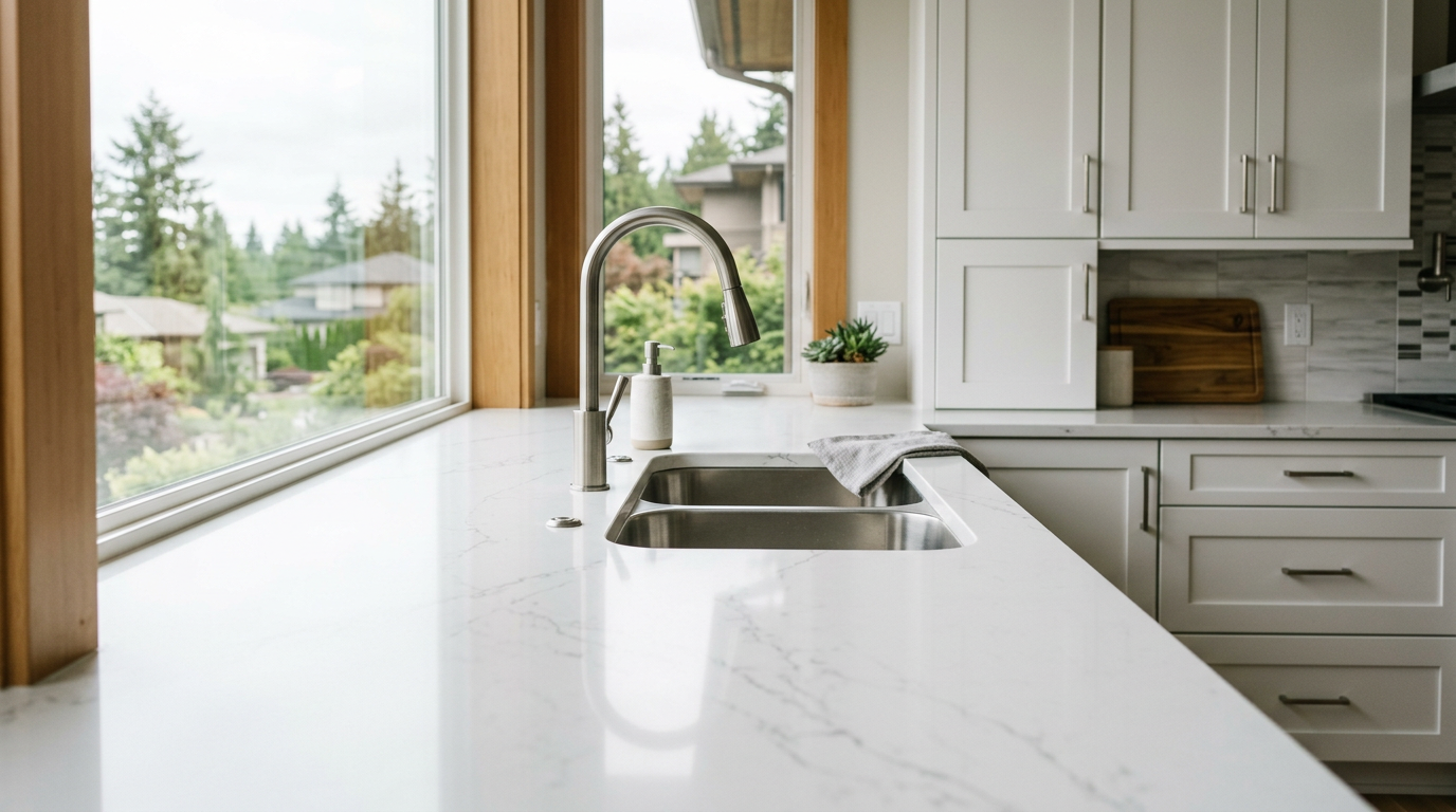 Newly remodeled kitchen with white quartz countertops in a Newcastle, WA home.