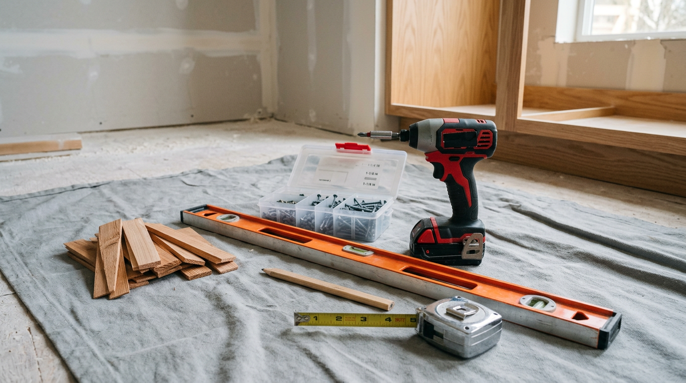 Professional tools for a kitchen remodel laid out neatly on a drop cloth in a Snohomish, WA home.