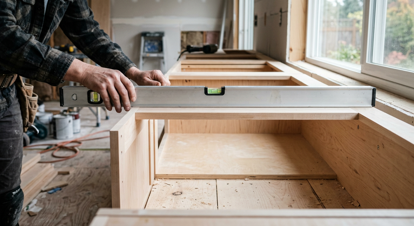 Checking cabinet level during kitchen remodeling in Snohomish WA home