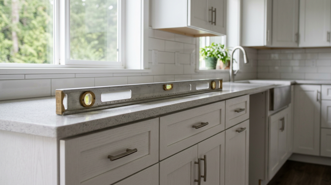 A level showing a perfectly installed quartz countertop during a kitchen remodeling project in Snohomish, WA.