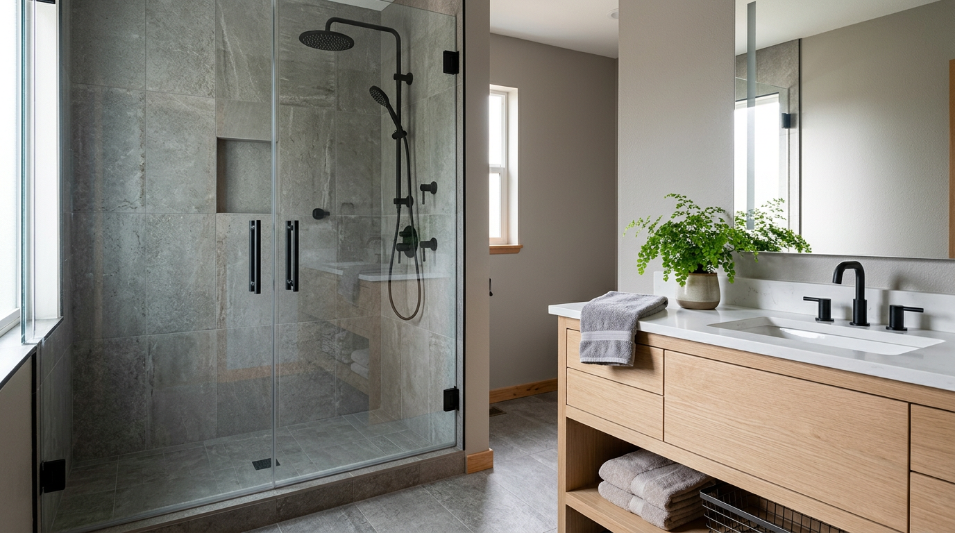 A newly finished modern bathroom remodel in a Lake Forest Park home.